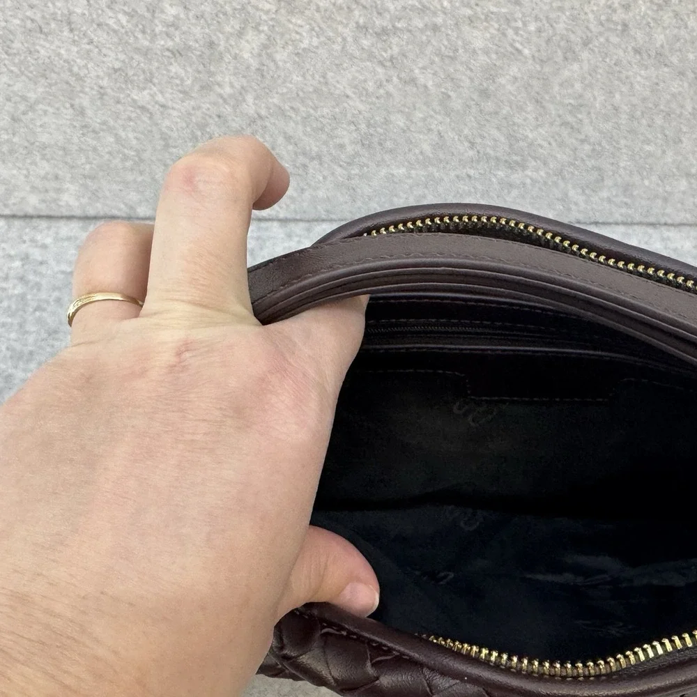 Vegan Leather Woven Hand Bag Brown Top Handle Women Shoulder Bag Adjustable - Picture 9 of 16